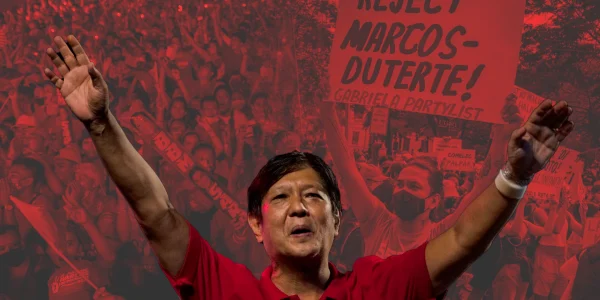 President-elect Bongbong Marcos stands behind a collage of supporters and protestors